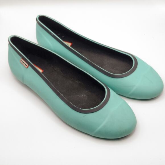 Hunter Womens Ballet Flats Size 9 Rubber Aqua Slip-On Shoes Round Toe Black Trim - Picture 2 of 7